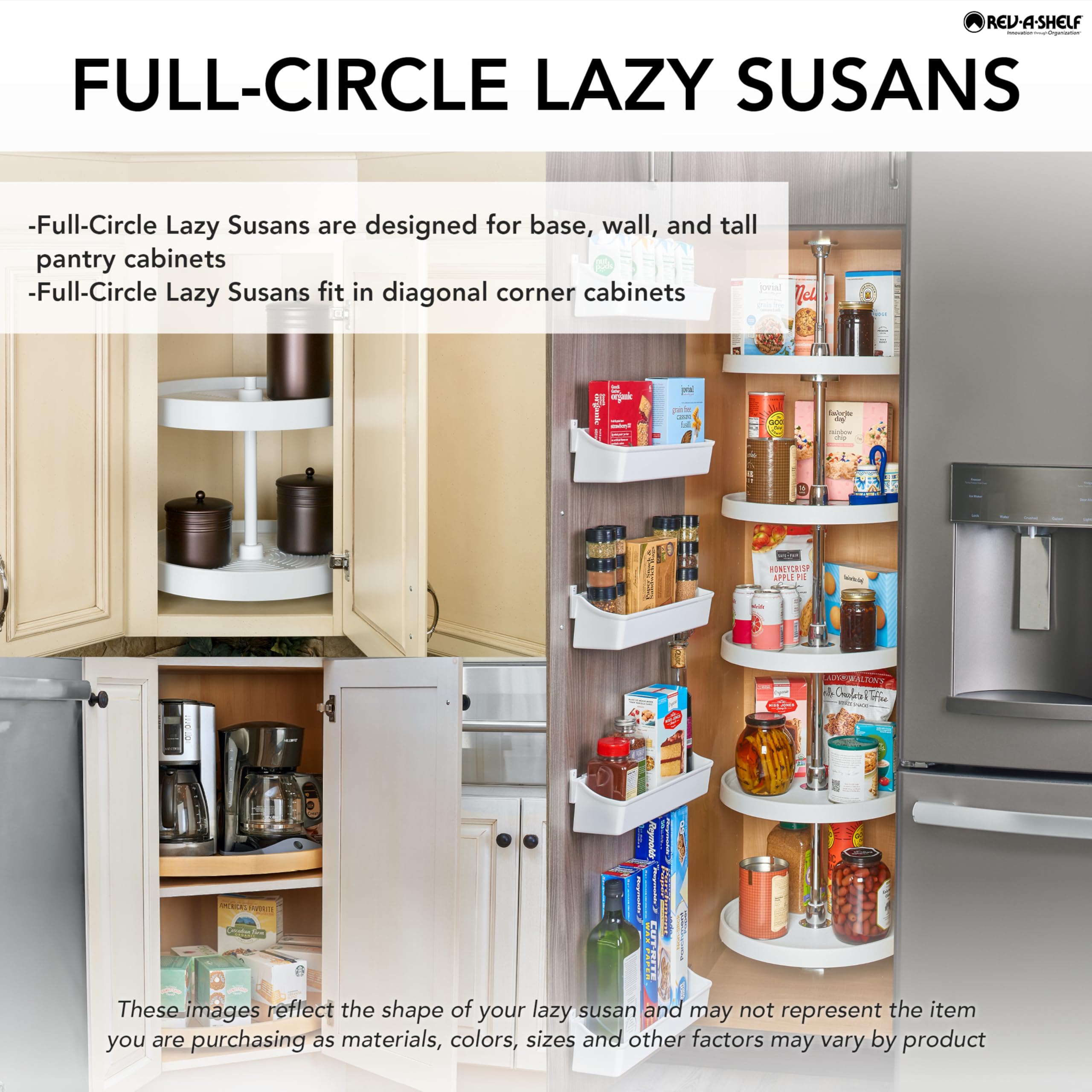 Rev-A-Shelf 24" Full Circle Lazy Susan Turntable Storage Organizer for Corner Kitchen Cabinets with Swivel Bearings, Maple Wood, LD-4BW-001-24SB-1