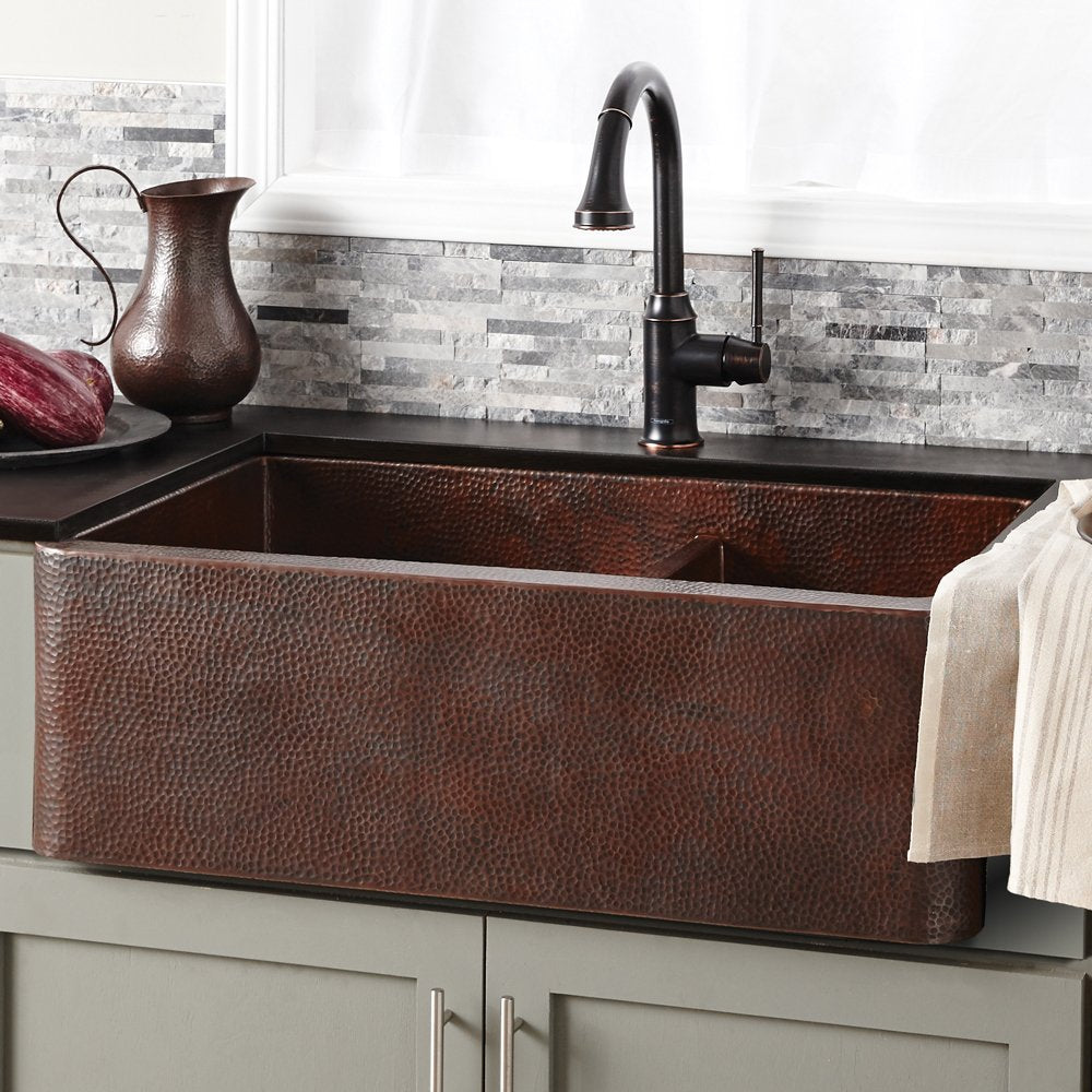 Native Trails CPK576 Farmhouse Duet Apron-Front Copper Kitchen Sink, 33" x 22", Brushed Nickel