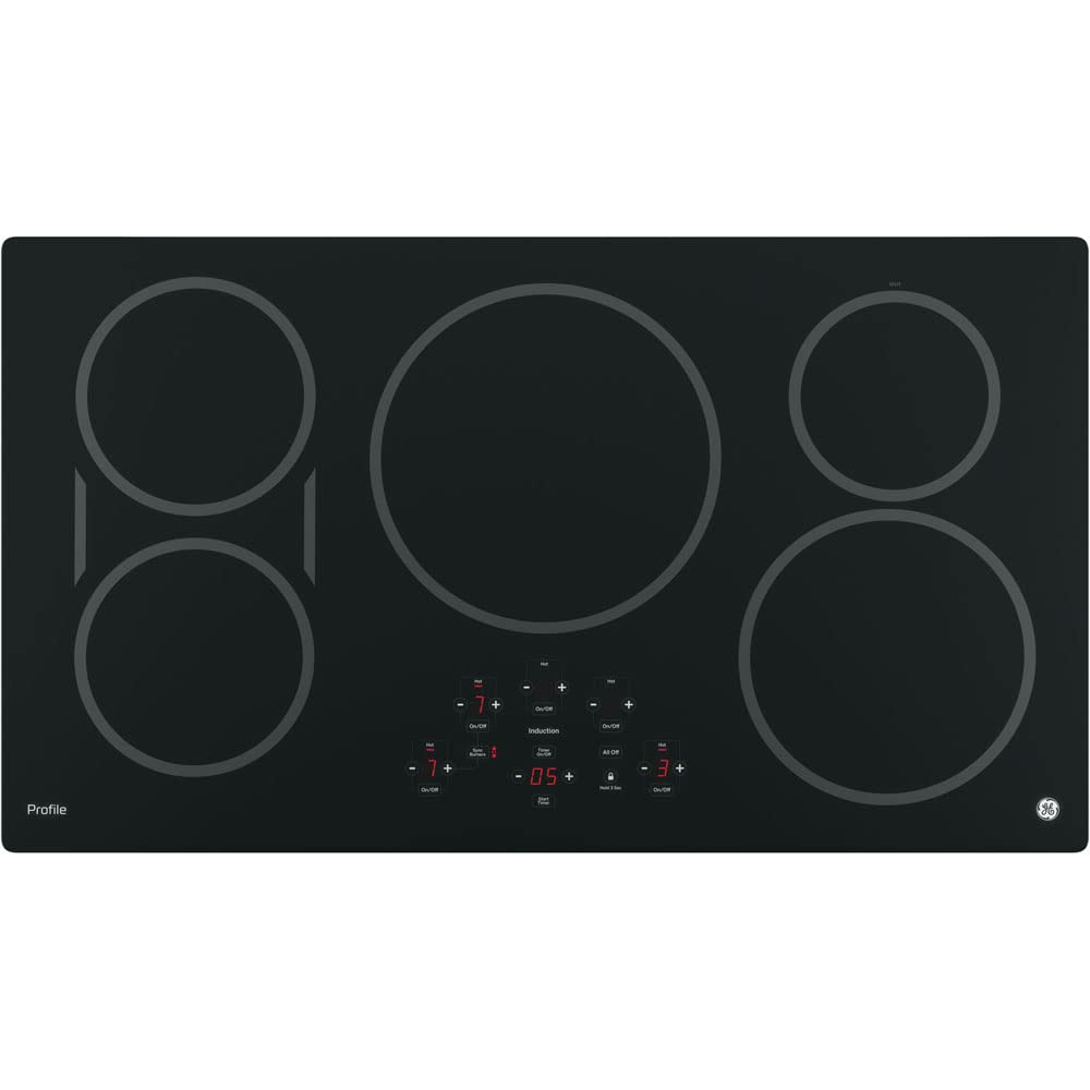GE 36-Inch Cooktop with 5 Induction | Pan Size Sensors, SyncBurners, Red LED Display, Kitchen Timer, 3,700-Watt Element | ADA Compliant Fits Guarantee | PHP9036DJBB model
