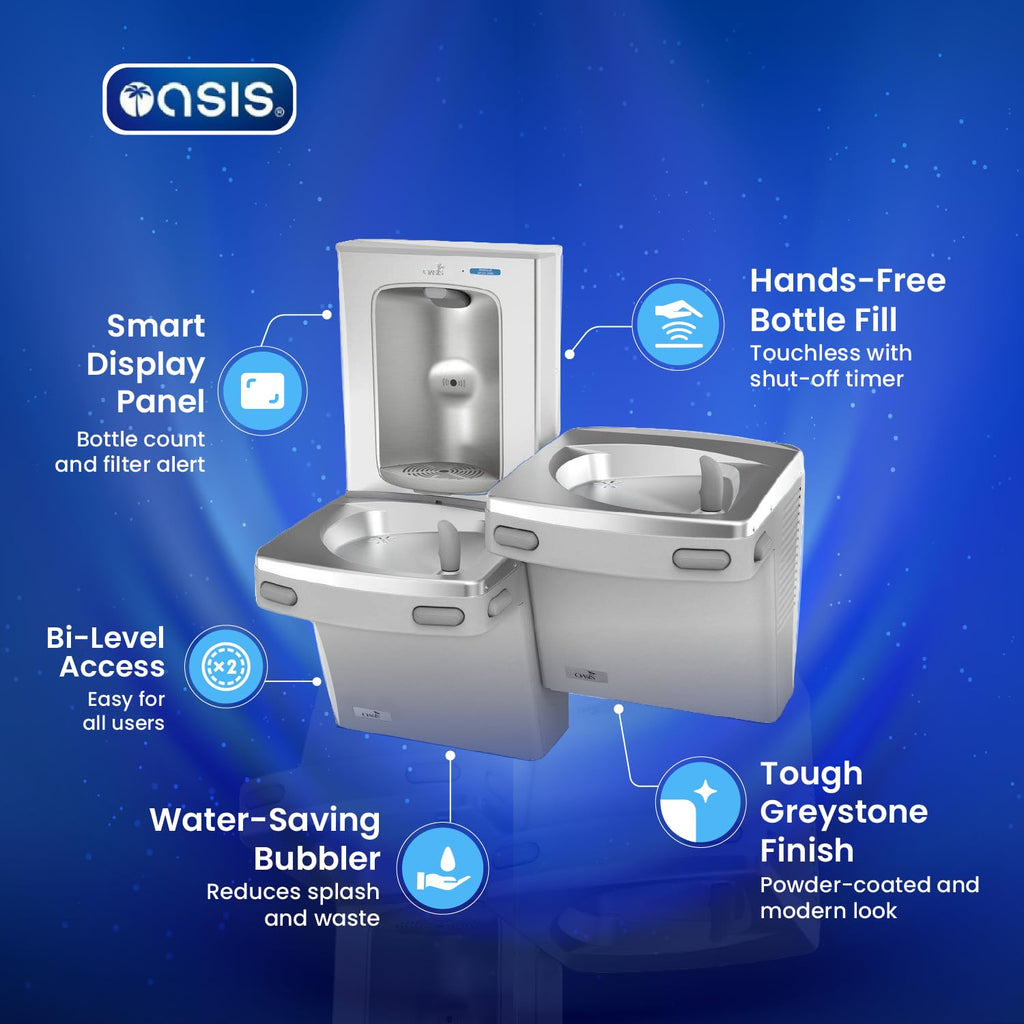 Oasis PG8ACSL Versacooler II Bi-Level Water Drinking Fountain - Standard 100 Micron Strainer Included – 8 GPH, ADA Compliant, Greystone Stainless Finish - 18" D x 34" W x 38" H