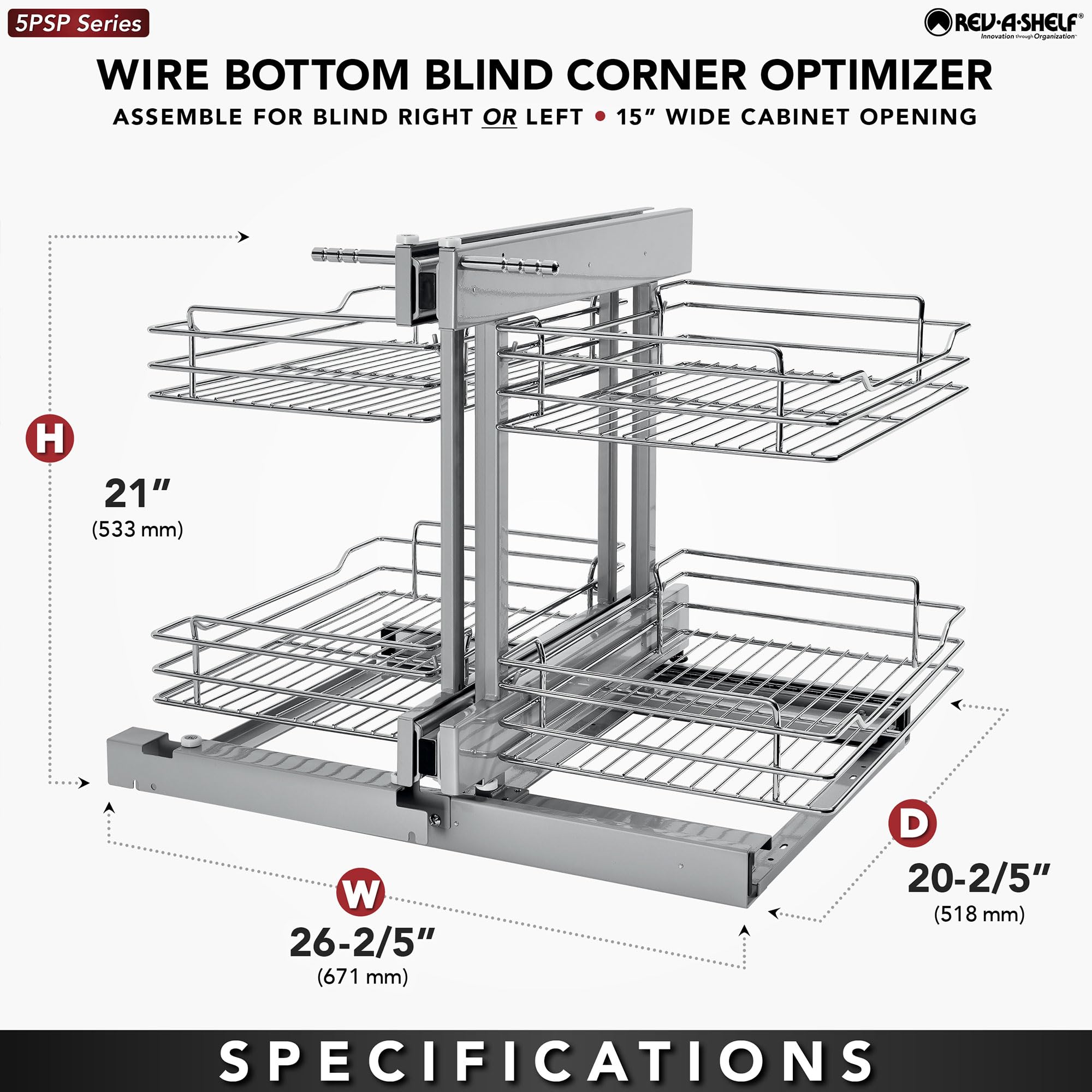 Rev-A-Shelf 5PSP-15SC 5PSP Series Pull Out 2 Tier Blind Corner Kitchen Cabinet Organizer with Soft Close for 15 Inch Cabinet Opening