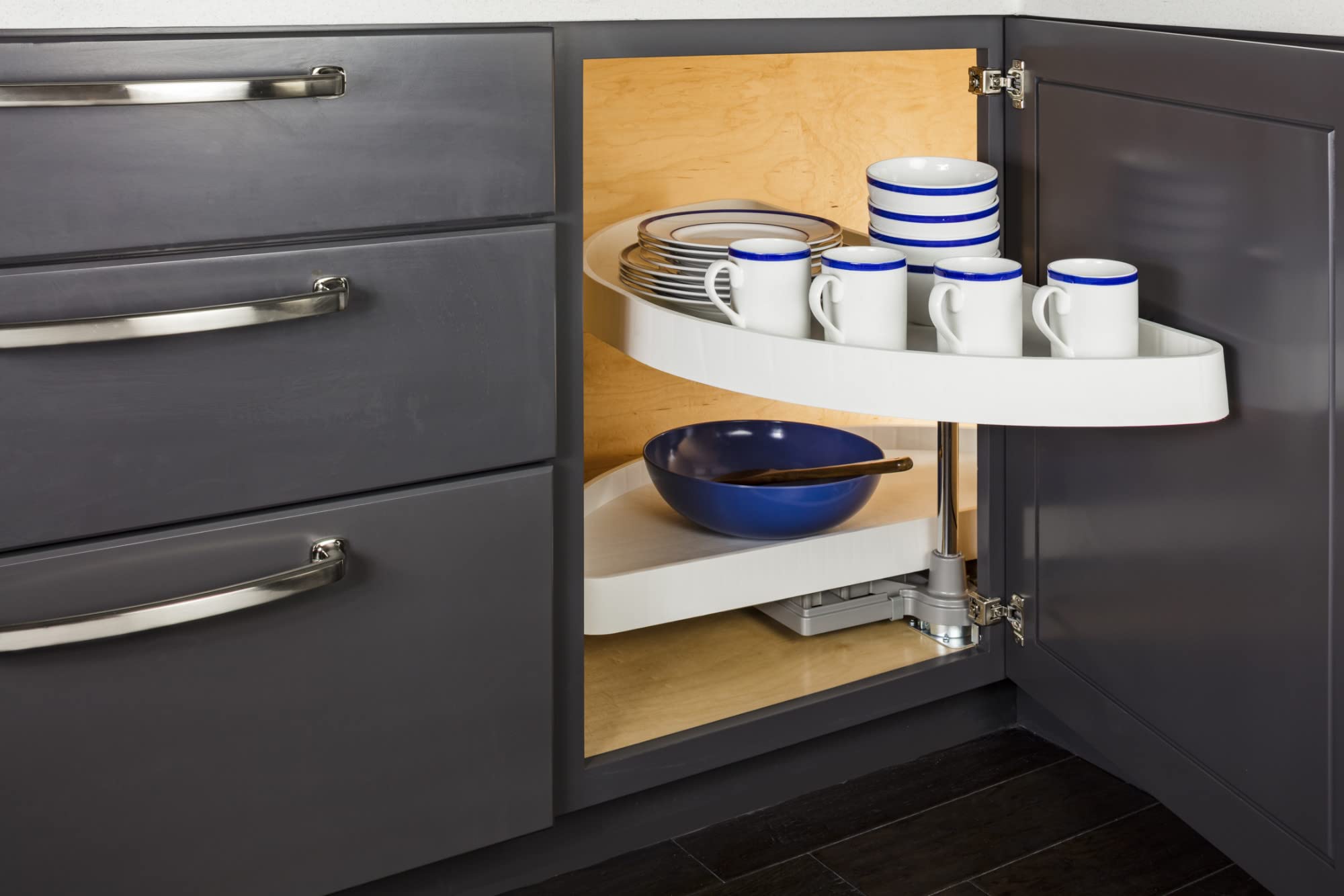 Hardware Resources 35" Blind Corner Cabinet Organizer - White, Heavy Duty Polymer Plastic Half-Moon Trays - Kitchen Pantry Rotating Racks for Left & Right-Hand Cupboards - Fits 14.5" Cabinet Opening