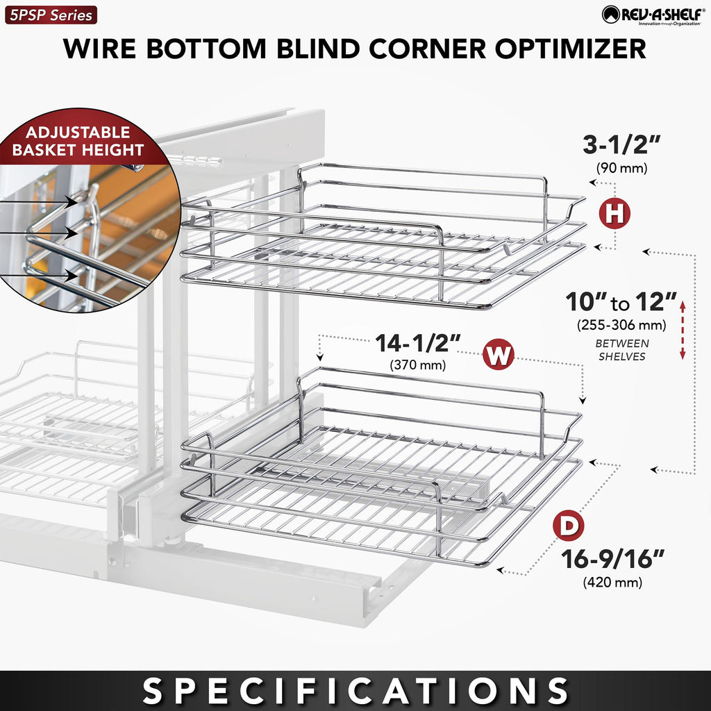 Rev-A-Shelf 5PSP-15SC 5PSP Series Pull Out 2 Tier Blind Corner Kitchen Cabinet Organizer with Soft Close for 15 Inch Cabinet Opening