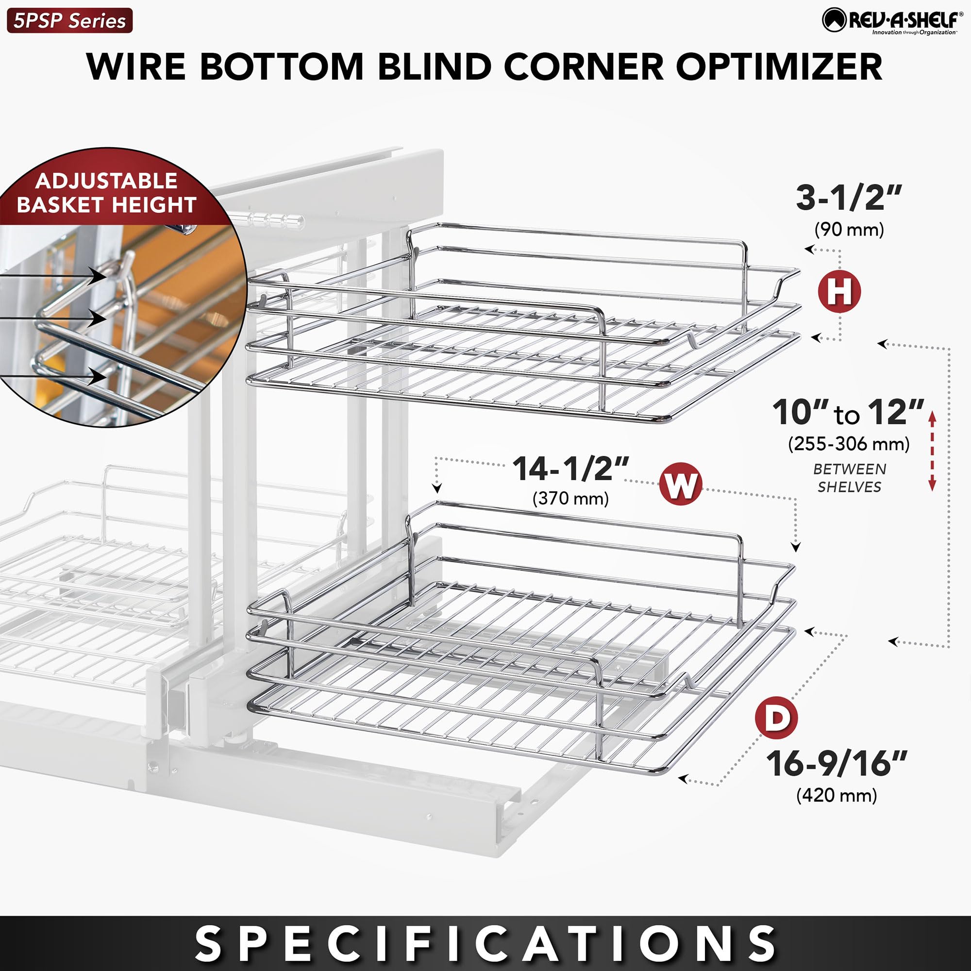 Rev-A-Shelf 5PSP-15SC 5PSP Series Pull Out 2 Tier Blind Corner Kitchen Cabinet Organizer with Soft Close for 15 Inch Cabinet Opening