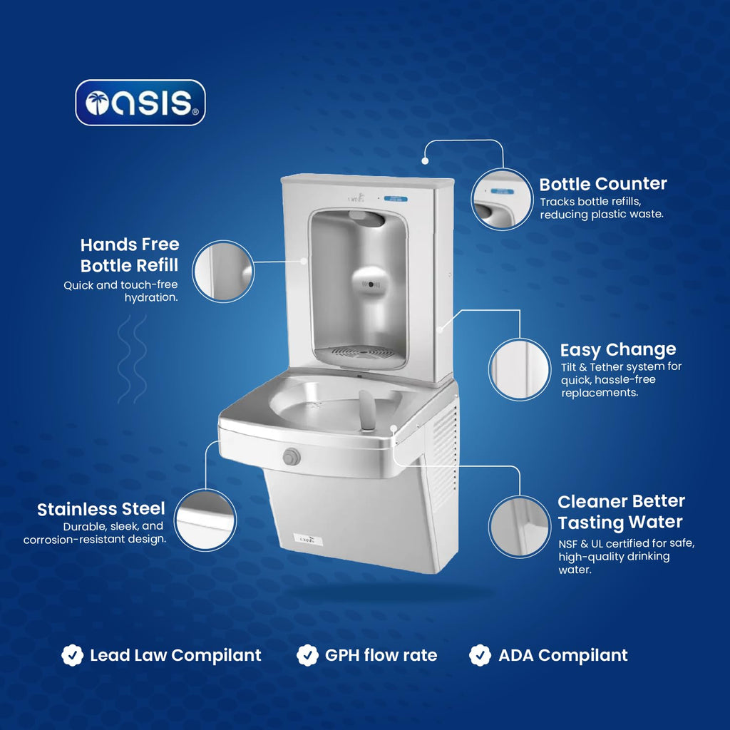 Oasis VersaCooler OPGV8FEBFSTN Wall Mount Filtered Water Drinking Fountain in Stainless Steel with Electric Bottle Filling Station Built in Water Filter, 8PH, ADA Compliant - 18" D x 18" W x 38" H