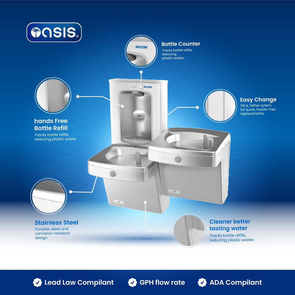 Oasis VersaCooler OPGV8EBFSLSTN Wall Mount Bi-Level Indoor Water Drinking Fountain in Stainless Steel with Electric Bottle Filling Station, Built in 100 - Micron Strainer, 8GPH - 18" D x 34" W x 38" H