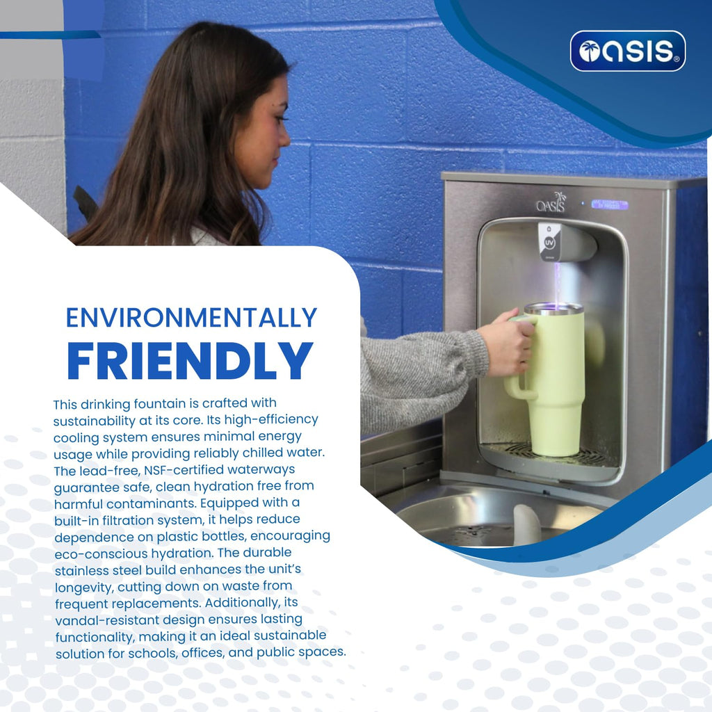 Oasis VersaCooler OPGV8EBFSLSTN Wall Mount Bi-Level Indoor Water Drinking Fountain in Stainless Steel with Electric Bottle Filling Station, Built in 100 - Micron Strainer, 8GPH - 18" D x 34" W x 38" H
