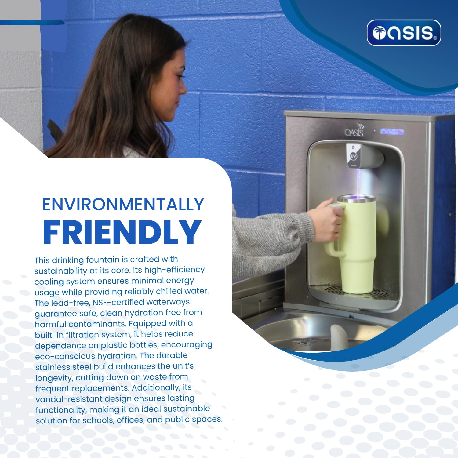 Oasis VersaCooler OPGV8EBFSLSTN Wall Mount Bi-Level Indoor Water Drinking Fountain in Stainless Steel with Electric Bottle Filling Station, Built in 100 - Micron Strainer, 8GPH - 18" D x 34" W x 38" H