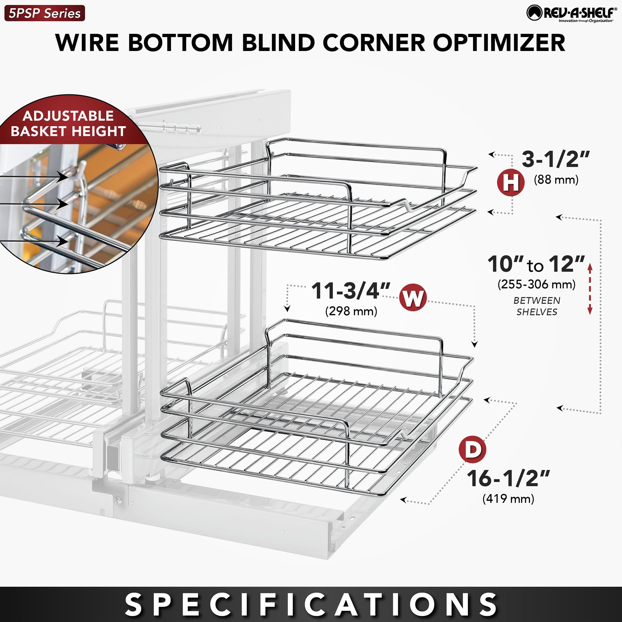 Rev-A-Shelf 5PSP-15SC 5PSP Series Pull Out 2 Tier Blind Corner Kitchen Cabinet Organizer with Soft Close for 15 Inch Cabinet Opening